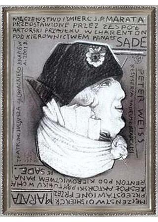 マルキ・ド・サドの演出のもとにシャラントン精神病院患者たちによって演じられたジャン=ポール・マラーの迫害と暗殺のポスター